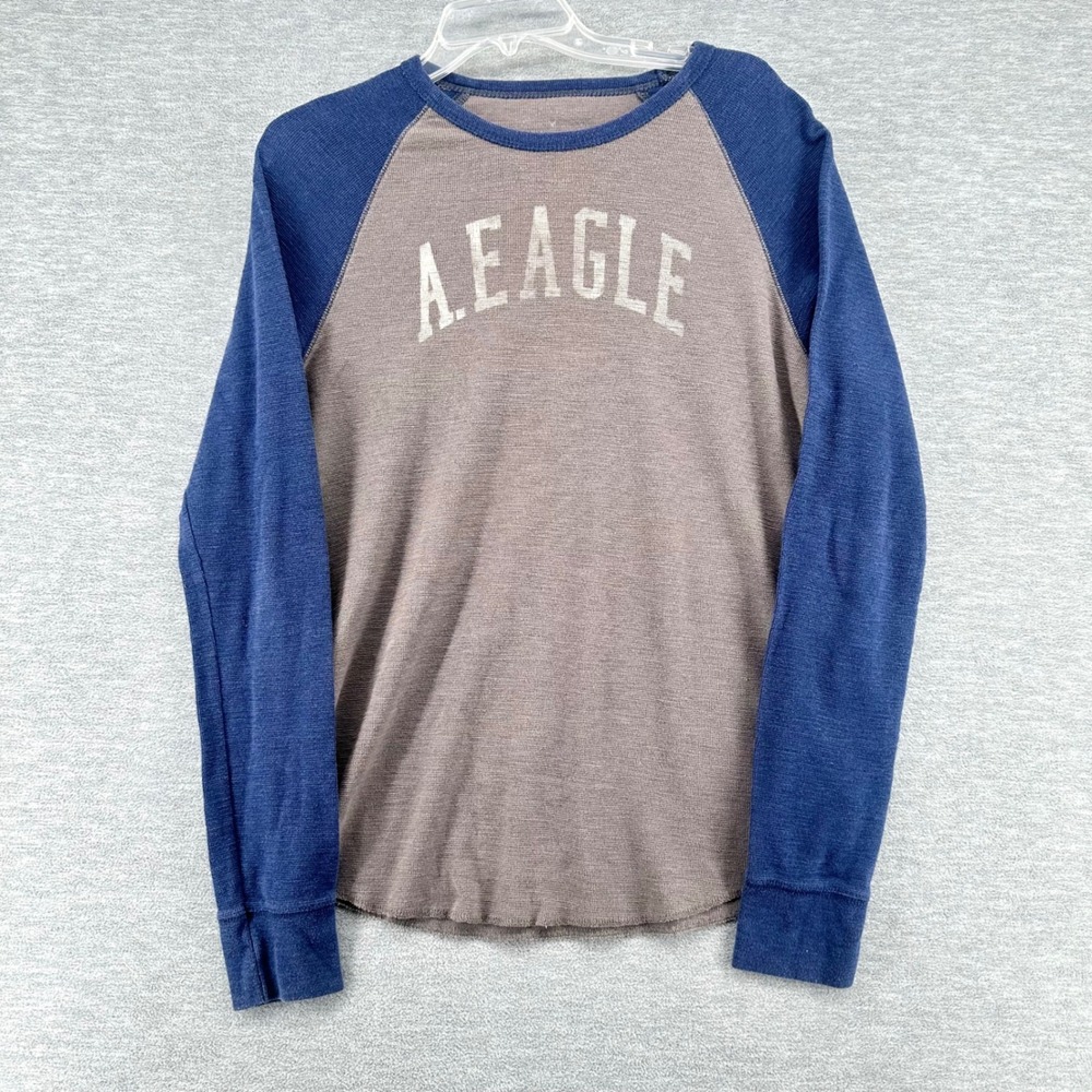 American Eagle T-Shirt Women Medium Brown Blue Raglan Waffle Knit Y2K Style